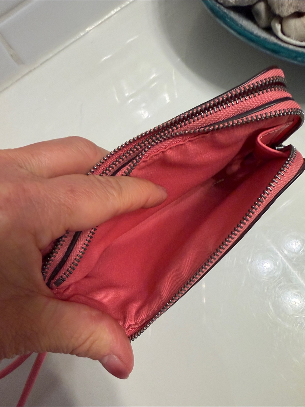 Coach Brown Signature Double Zip Wristlet with Pink Strap - Picture 10 of 10